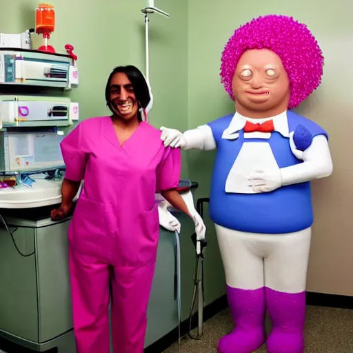 Image similar to photo of a happy patient and doctor or nurse in a hospital room made out of soft candy, candy hospital equipment, candy hospital room, candy treatments, oompa loompa virus, willy wonka pandemic