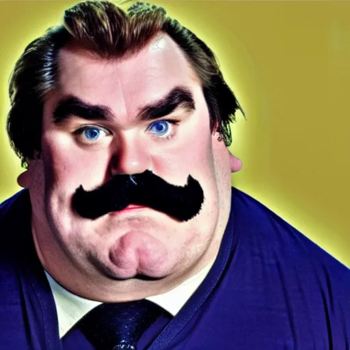 Prompt: live-action-Wario-hollywood movie casting, played by John Candy, posing for poster photography