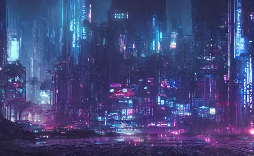Prompt: detailed landscape of a dystopian cyberpunk city at night. wallpaper. dark blue and purple color palette. hd. artstation.