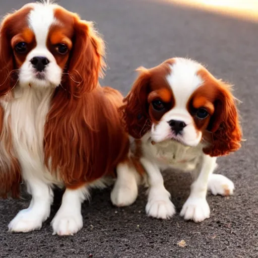 Prompt: two cavalier king Charles spaniels looking at camera