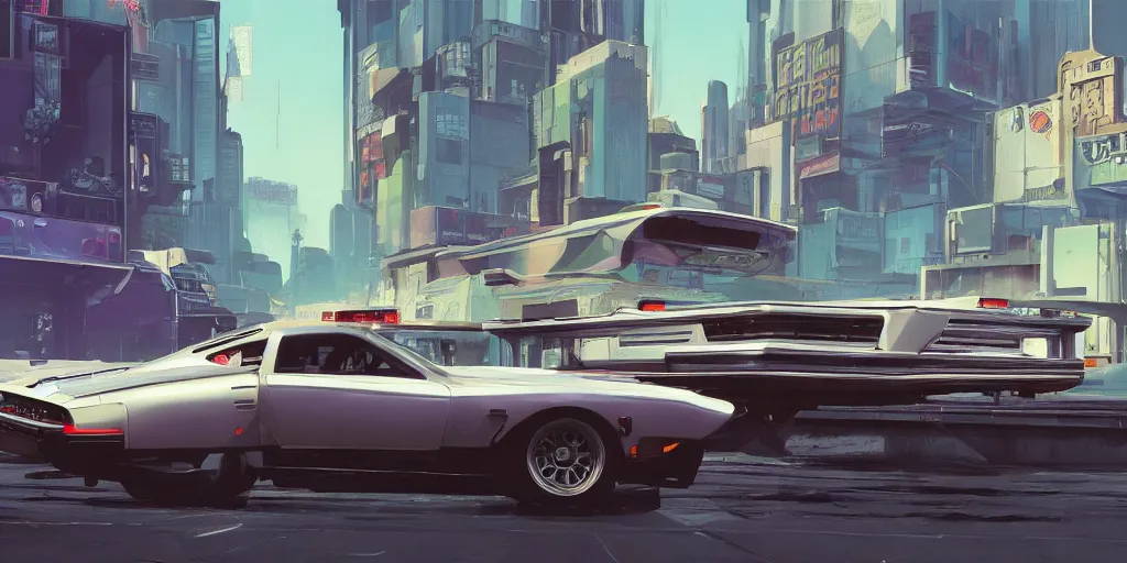 Image similar to art style by Ben Aronson and Edward Hopper and Syd Mead, wide shot view of the Cyberpunk 2077, on ground level. full view of the hybrid design any two cars from 1980's, with wide body kit modification and dark pearlescent holographic paint.