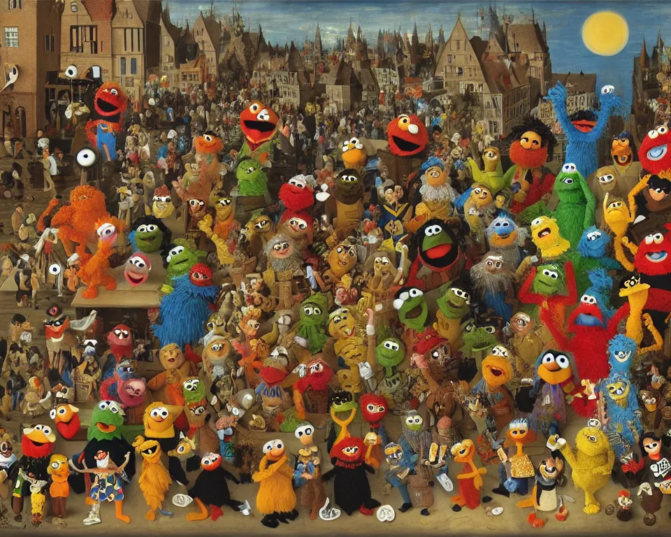 Image similar to sesame street muppets art by hieronymus bosh, triumph of death by pieter brueghel