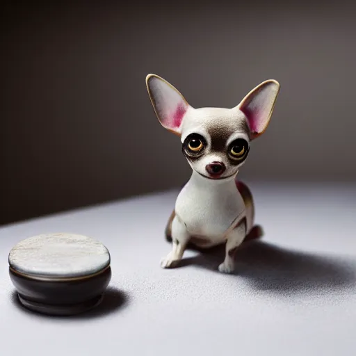 Image similar to A porcelain model of a chihuahua painted in an Emma Bridgewater pattern, sculpture, photograph, studio lighting, product photography, advertising photography, pottery, figurine, octane render –H 768