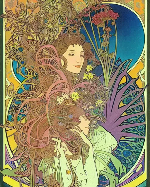 Prompt: psychedelic exotic flowers on a mysterious planet by Alphonse Mucha, Moebius, hiroshi yoshida, Art Nouveau, colorful, ultradetailed, vivid colour, 3d