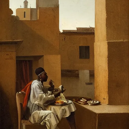 Image similar to a nubian eating breakfast, buildings in rome by martinus rørbye
