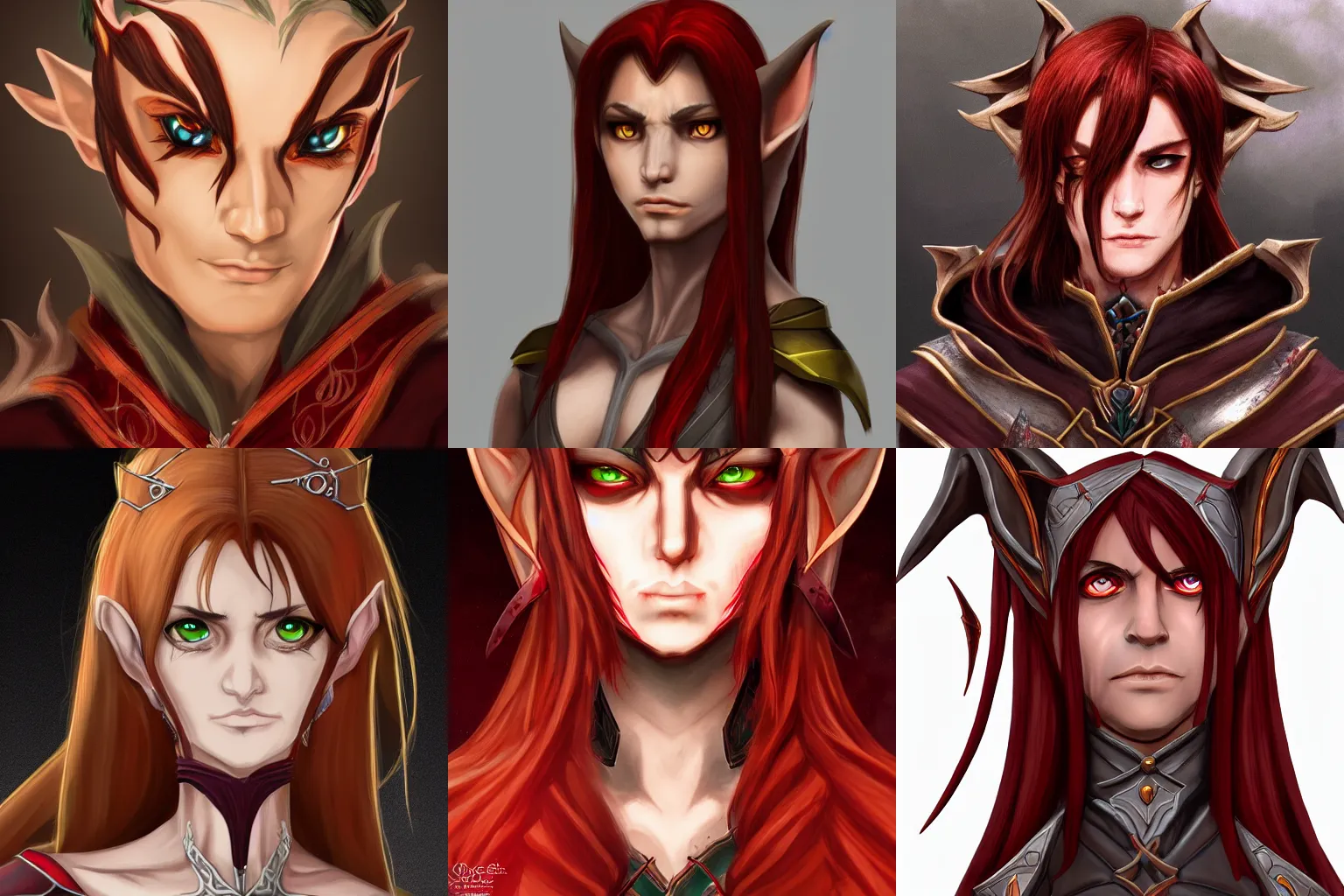 Prompt: Faldrin Dremoran half-elf warlock evil high detail, brown hair and (((ruby))) (((red))) eyes long ears glaring in a fantasy style, Trending on artstation, trending on deviantArt, trending on pixiv