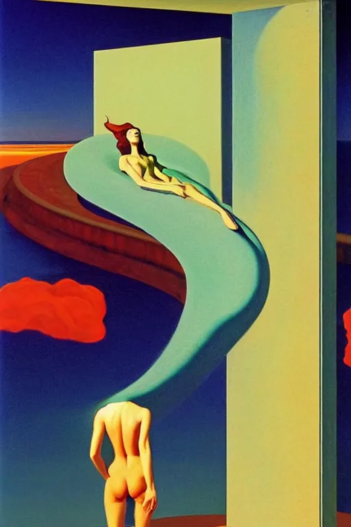 Image similar to liminal vaporwave surrealism dreams representing stream of consciousness, painted by Edward Hopper, painted by salvador dali, painted by moebius, airbrush