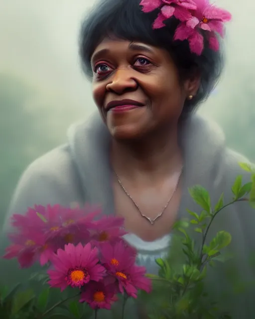 Image similar to moms mabley surrounded by mist and pretty flowers, very detailed, realistic face, detailed face, matte, tonemapping,, perfection, 4 k, cushart krenz, cinematic, atmospheric