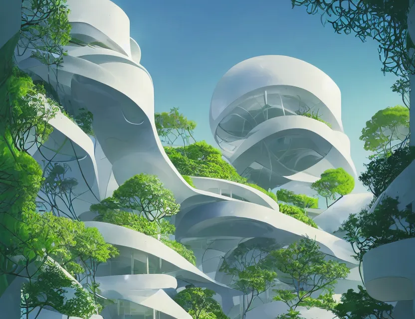 Image similar to beautiful futuristic architecture with organic shapes, plants growing on it. gouache, limited palette with complementary colors, by award - winning mangaka, backlighting, depth of field.