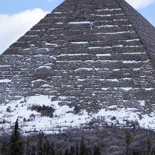 Image similar to a monolithic pyramid in a taiga next to a snowcapped mountain.