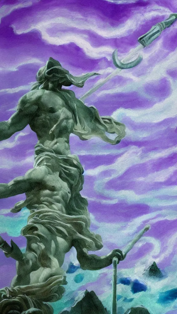 Prompt: gigantic marble statue of the god of the sea wielding a trident on an island. roiling waves at the base. scene lit by lightning. thunderclouds in the background. fantasy setting. purples and greens. fantasy aesthetic. 4 k. painting with curved brush strokes