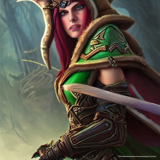 Image similar to Portrait Lady Sylvanas Windrunner, World of Warcraft, alexandra daddario, fanart, 4k oil on linen by wlop, artgerm, andrei riabovitchev, nuri iyem, james gurney, james jean, greg rutkowski, highly detailed, soft lighting 8k resolution