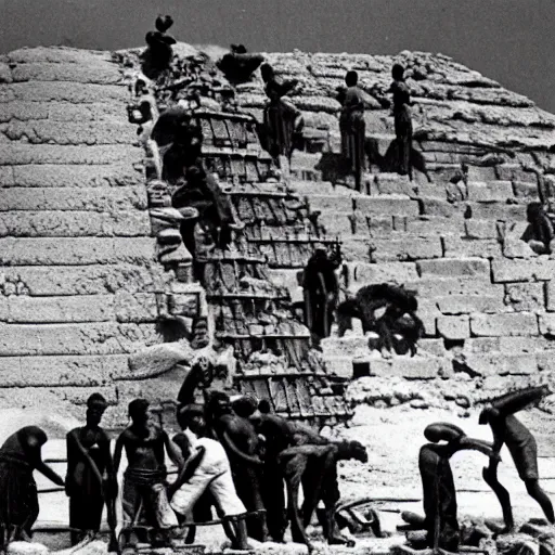 Prompt: historical photo of slaves building the great pyramid
