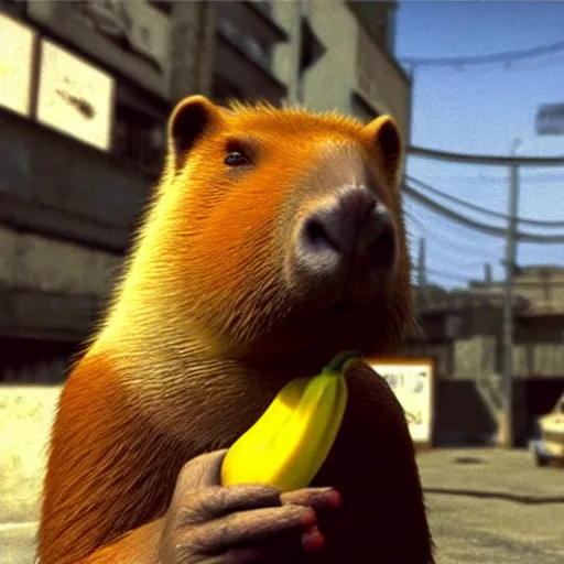 Image similar to capybara with a banana on its head. screenshot from max payne game