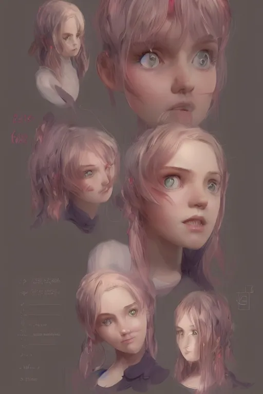 Image similar to character sheet of a incredibly cute and lovely girl, digital art by wlop. character design concept art. artstation contest winner, blade runner, scifi, candy girl