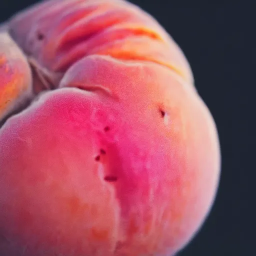 Image similar to a macro photo of a round peach's dry hairy skin, hyper realistic, hyper detailed, 35mm, very grainy film, pink volumetric studio lighting, bokeh, black background award winning shot, vogue magazine, cinematic, 8k, very closeup, elegant, tender, pastel