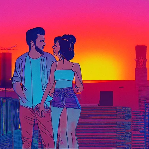 Image similar to a synthwave sunset with a man and woman staring at the sunset