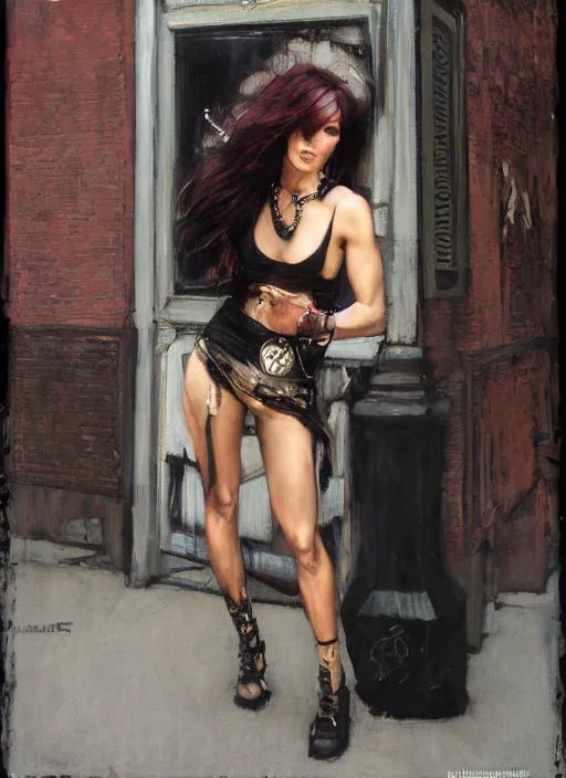 Prompt: androgynous glam rocker outside cbgb in the style of phil hale, sfumato Orientalist portrait by john william waterhouse and James Gurney and Theodore Ralli and Nasreddine Dinet, oil on canvas. Cinematic, hyper realism, realistic proportions, dramatic lighting, high detail 4k