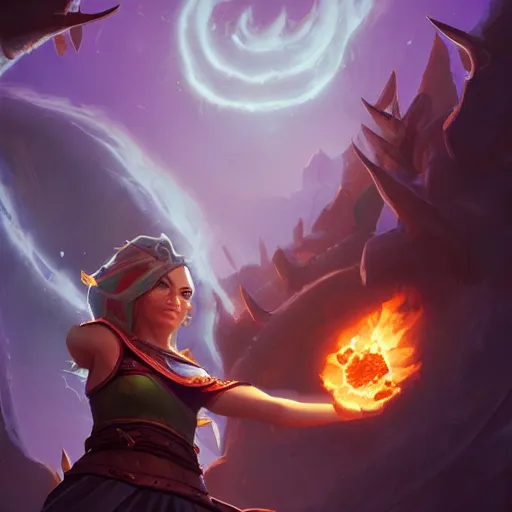 Prompt: The sorceress casting a fireball, Official Hearthstone artwork by Greg Rutkowski in Hearthstone Art style
