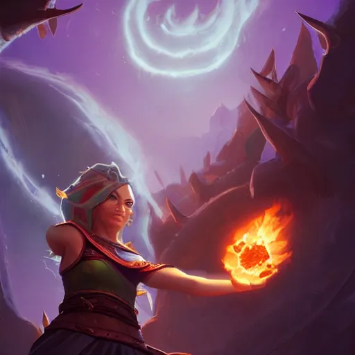 Image similar to The sorceress casting a fireball, Official Hearthstone artwork by Greg Rutkowski in Hearthstone Art style