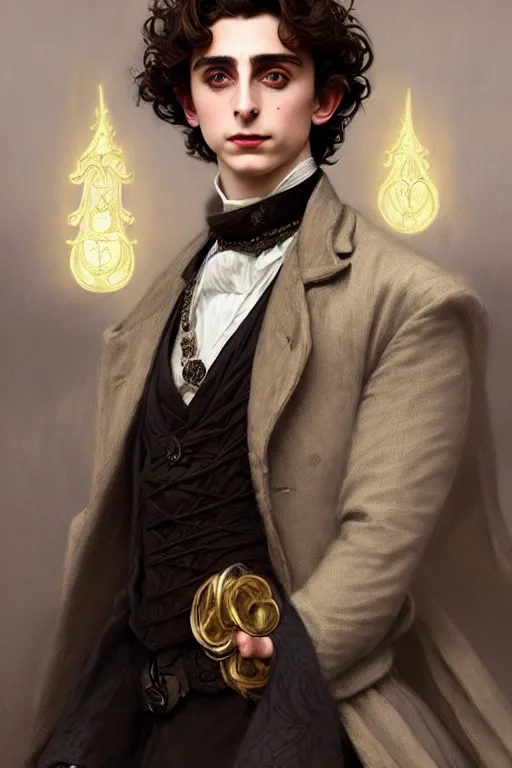 Image similar to Timothée Chalamet dressed in Victorian fashion, D&D, fantasy, intricate, elegant, highly detailed, digital painting, artstation, concept art, matte, sharp focus, illustration, art by Artgerm and Greg Rutkowski and Alphonse Mucha