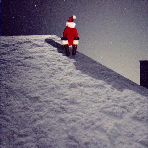 Prompt: a grainy realistic photograph of santa ontop of a rooftop climbing down a chimney at night, shot on an old polaroid camera, grainy vhs texture 4 k, realistic, unreal engine 5, sharp details, 3 0 0 dpi