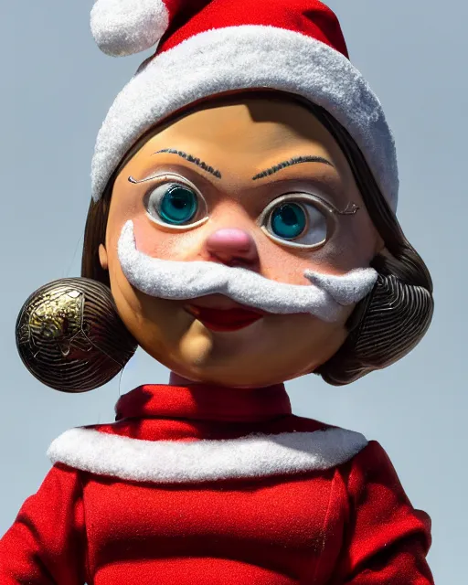 Image similar to highly detailed closeup, portrait of a tin toy santa greta thunberg wearing a bikini, depth of field, fashion photoshoot by nicoletta ceccoli, mark ryden, lostfish, dan decarlo, bob clampett, max fleischer, breathtaking, detailed and intricate snowenvironment, 8 k resolution, hyperrealistic, octane render