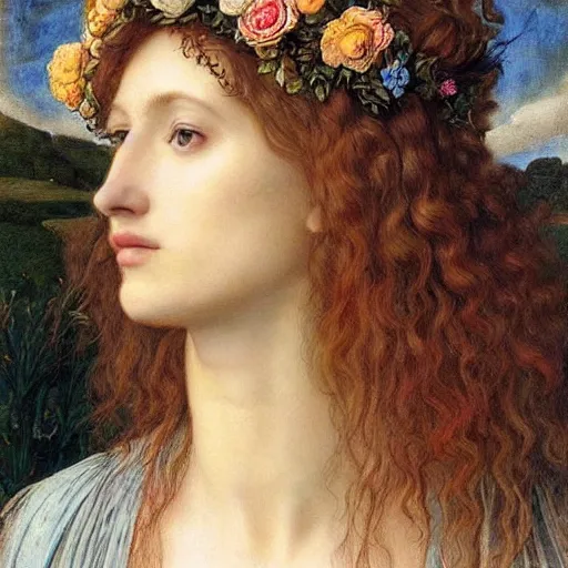 Prompt: “portrait of beautiful sad woman, Pre-Raphaelites, blond curly hair, intricate clothes an flower crown, gold and indigo colours, ultra high resolution, W1200,”