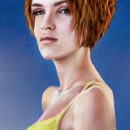 Image similar to Caucasian female model with short hair wearing a crocheted croptop, digital painting, side profile, HD, dramatic lighting, highly detailed