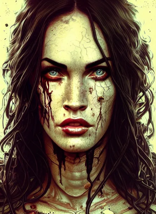 Image similar to portrait of megan fox as damaged zombie, irish, once upon a time, intricate, headshot, highly detailed, digital painting, artstation, concept art, sharp focus, cinematic lighting, illustration, art by artgerm and greg rutkowski, alphonse mucha, cgsociety