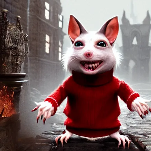 Prompt: stuart little as a monstrous dark souls boss, wearing a red sweater and his fur is white, visually grotesque, unreal engine 2, style of asylum demon