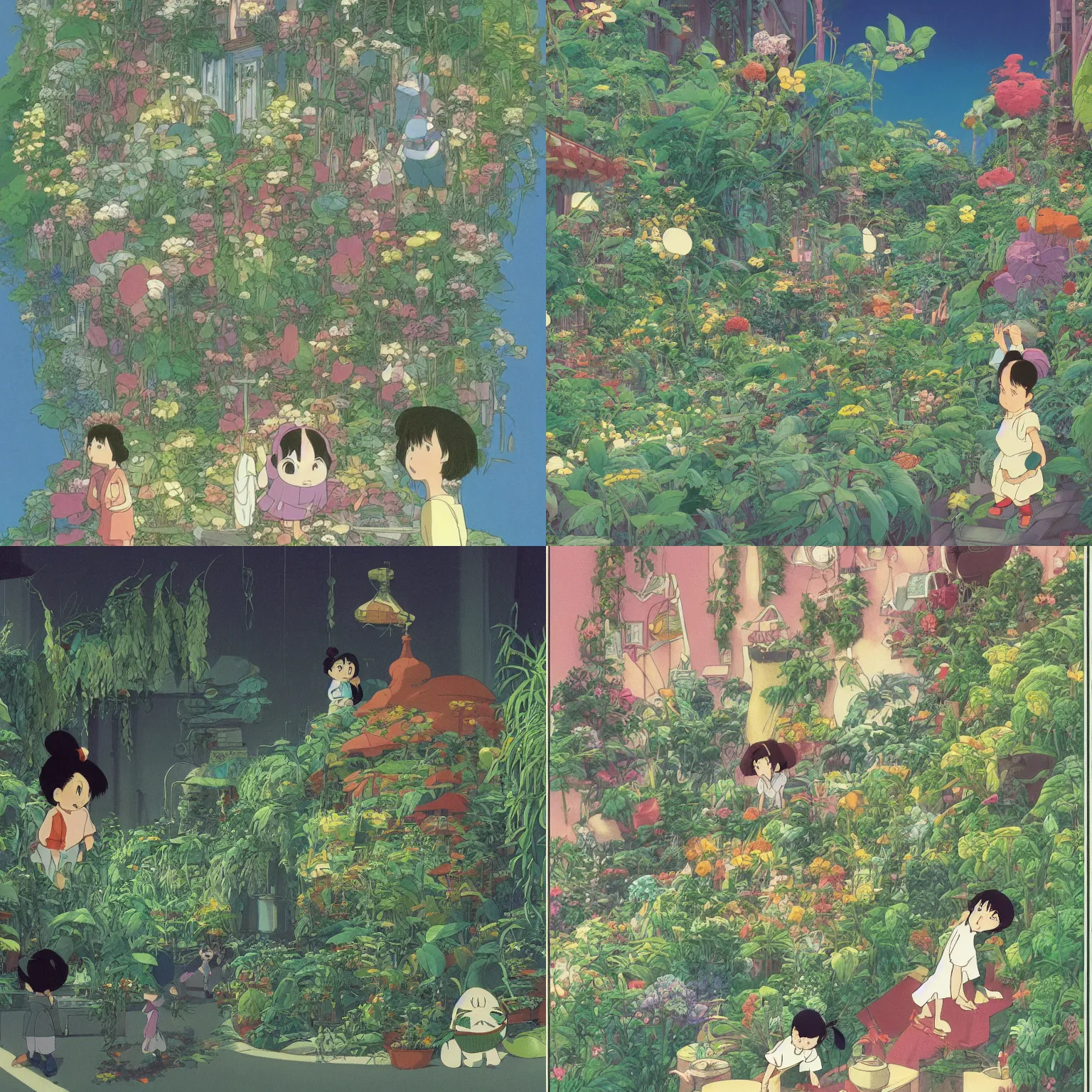 Prompt: key art for a Disney animated film from 1990 from Hayao Miyazaki\'s Spirited Away of a room full of plants and little objects. studio ghibli