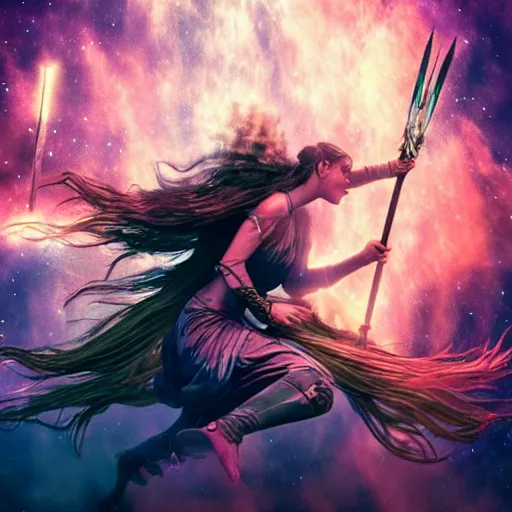 Prompt: An epic movie shot of a goddess fighting, cinematic, moody lighing, galaxy, vivid colors, explosion, spear, tarot, noble,