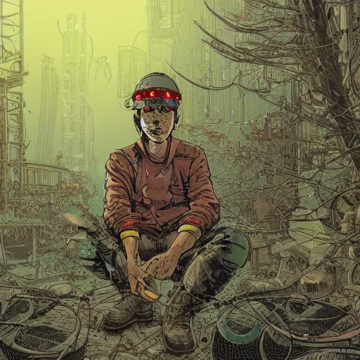 Prompt: in the style of Geof Darrow and deathburger and laurie greasley a close up of a young explorer wearing a cyberpunk headpiece sitting within an ancient and dense mechanical forest, highly detailed, 8k wallpaper