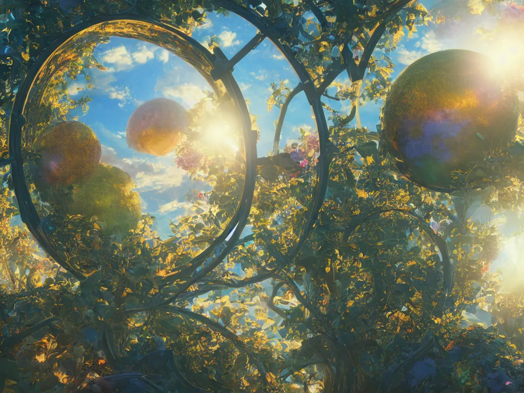 Image similar to 3 d render, sunlight study, the universe is a spheroid region 7 0 5 meters in diameter, art nouveau, by jan davidz de heem and ( ( ( ( ( lisa frank ) ) ) ) ), 8 k, sharp focus, octane render