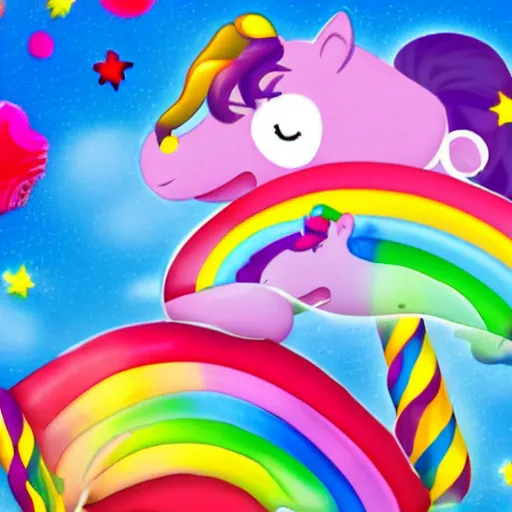 Image similar to sweet happy image for children, good dreams, smiles, candy, rainbows, unicorns