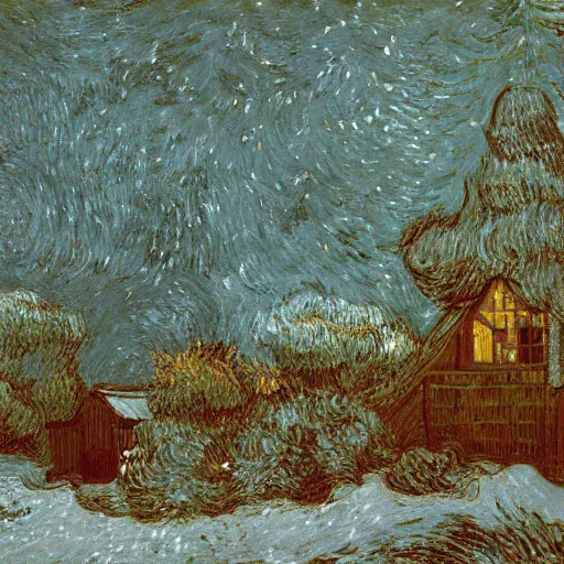 Prompt: beautiful oil painting, snowy snow storm, woodland meadow, log cabin, smoke billowing from chimney, evening, light from window, water stream, water wheel, oak trees, pine trees, rabbits, squirrel, fox, mild breeze wind, falling snow, snow on trees and ground, mountain in background, high detailed, abstract, by van gogh