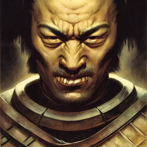 Image similar to head and shoulders portrait of a samurai, d & d, fantasy, greg rutkowski, frank frazetta, alexandre chaudret, boris vallejo, michael whelan, miro petrov, hr giger, magali villeneuve, donato giancola