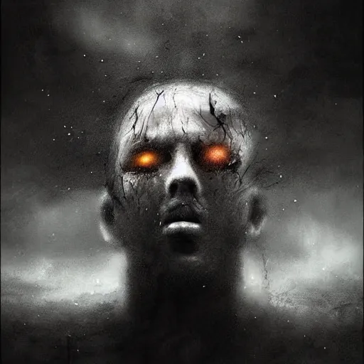 Image similar to a face in anguish coming out of the clouds, dark skies, ominous mood, breathtaking digital painting,