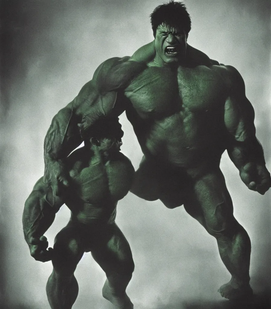 Image similar to a color photo portrait of the incredible hulk looking angry in new york city by richard avedon dramatic lighting.