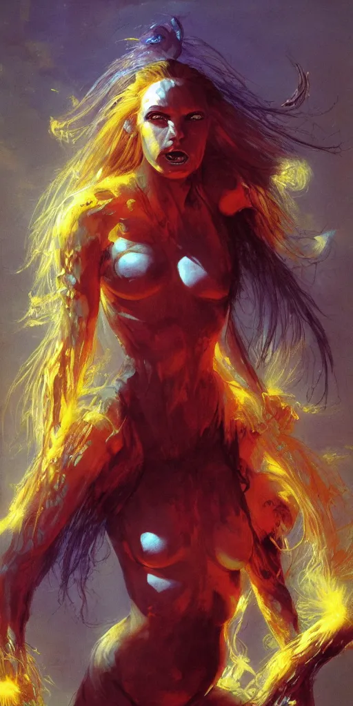 Image similar to an extremely aggressive android monster girl, glowing long hair, thunder clouds, painted by Peter Andrew Jones