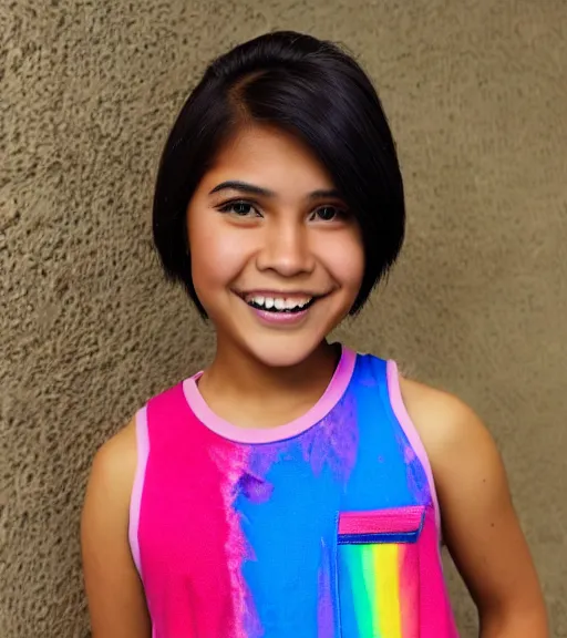 Image similar to a professional portrait of a teenage hispanic - filipino girl with a sporty flair, mahogany eyes, dyed rainbow hair in a pixie cut, a blue tank top, a confident smile, small stature, adorable, athletic, warm brown eyes