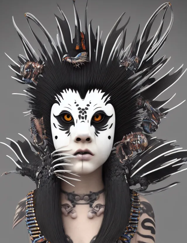 Image similar to 3 d goddess close - up profile simple portrait punk with mohawk with tiger skull. beautiful intricately detailed japanese crow kitsune mask and clasical japanese kimono. betta fish, jellyfish phoenix, bio luminescent, plasma, ice, water, wind, creature, artwork by tooth wu and wlop and beeple and greg rutkowski