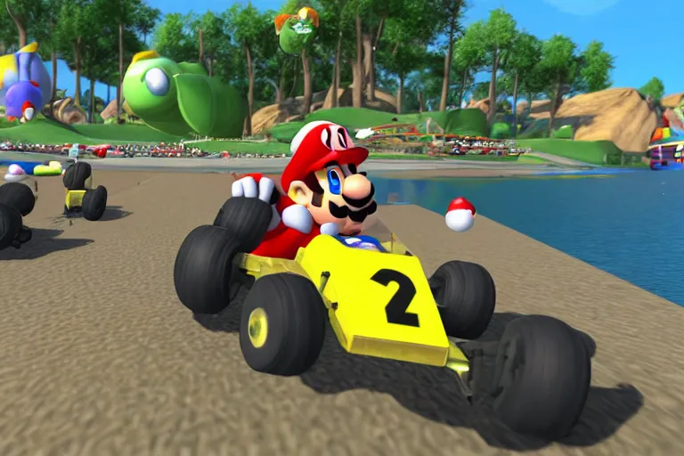 Prompt: mario kart at normandy beach, 1 9 4 5, ingame screenshot, highly detailed