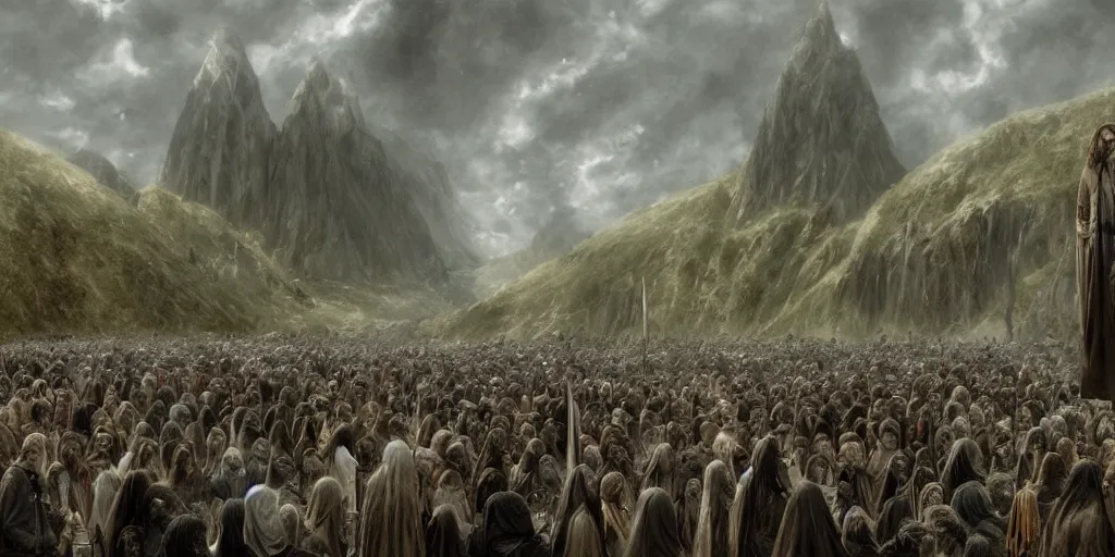 Prompt: Funeral of Aragorn, Arwen at his side, detailed matte painting, cinematic, Alan Lee, Artstation