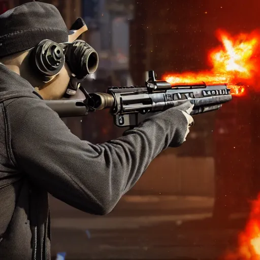 Prompt: a mafia gangster firing ar - 1 5, muzzle flash visible at the end of the barrel, highly detailed, photograph, firepower united, in new york street, cyberpunk