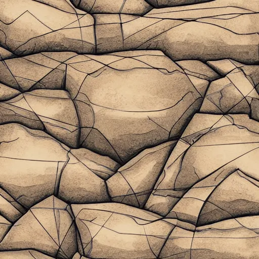 Image similar to masterpiece abstract intricate painting of detailed highly layered flat textured rocky field along a planer surface of rectangular shapes. highly geometric rectangular shapes with thin pencil rough sketch lines slanting down. isometric angles. beautiful use of light to create a sense of a stony landscape. using architectural brushwork and a rich earthy color palette, providing a mathematical rough sketch.