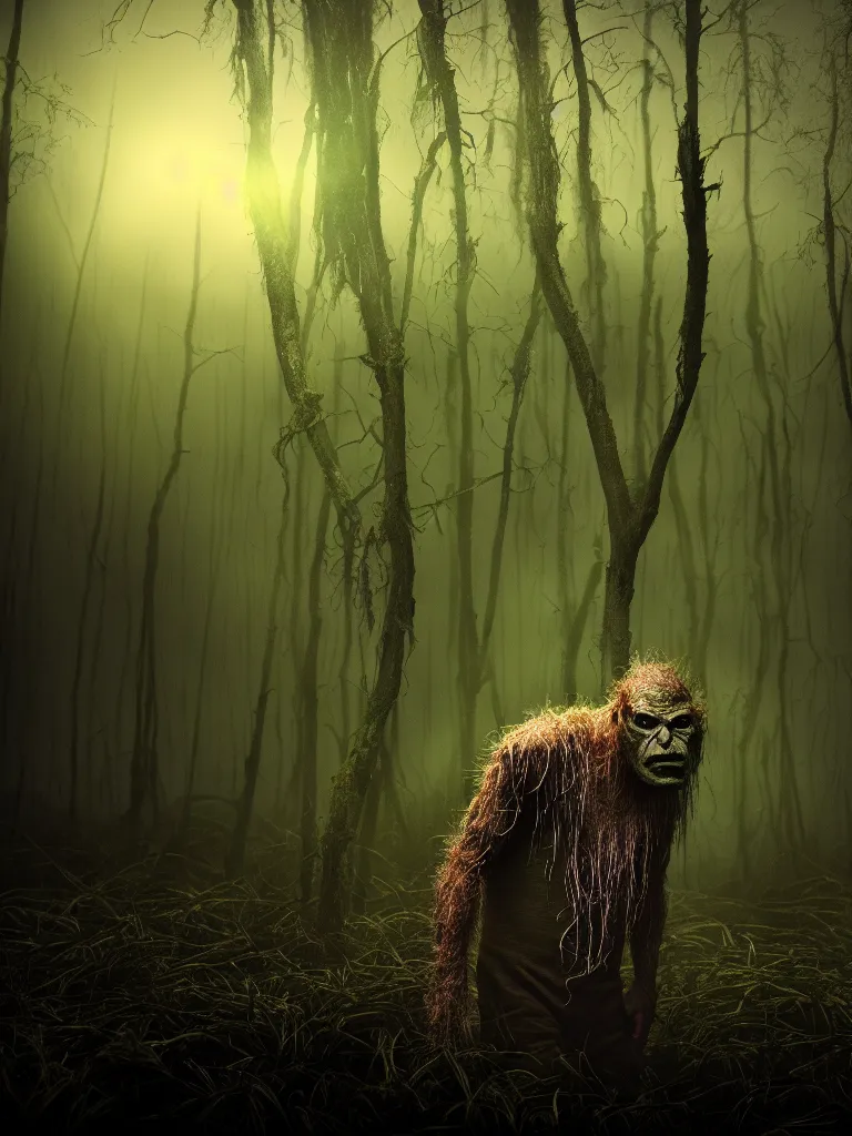 Prompt: a portrait of a swamp monster in a wooded bog at night, cinematic, wildlife photography, 4 k, moody lighting, volumetric light