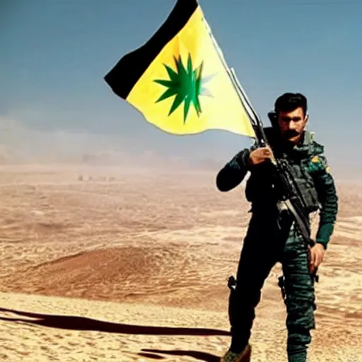 Image similar to kurdish astronaut holding a iraqi kurdistan flag in a movie directed by christopher nolan, movie still frame, promotional image, imax 7 0 mm footage