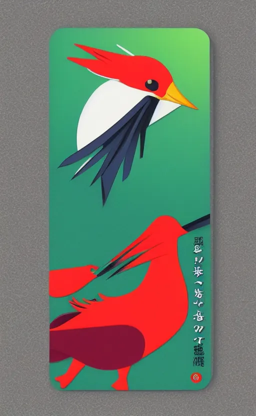 Prompt: poker card style, simple, modern look, solid colors, colorful, japanese crane bird in center, pines symbol in the corners, front modern game card, vivid contrasts, for junior, smart design